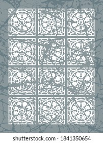 Geometrical abstract pattern from decorative ethnic ornament elements with watercolor paint texture on a light grey background.