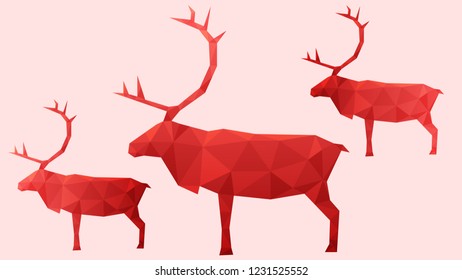 Geometrical abstract reindeer in red theme with pink background.