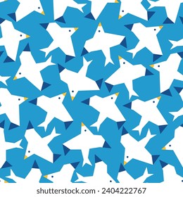 Geometrical abstract seagull bird seamless pattern. Infantile childish style sea birds. White seagulls on blue background. Simple repeatable wrapping paper, wallpaper, backdrop, textile swatch.