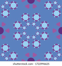 Geometrical abstract seamless pattern from circles elements  and dots and triangles sky blue pink purple on indigo background 