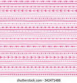 Geometrical abstract seamless pattern with tiny heart shapes, circles and stripes. Striped Valentines day background. Streaks made of hearts. Uneven bars with simple small elements texture.