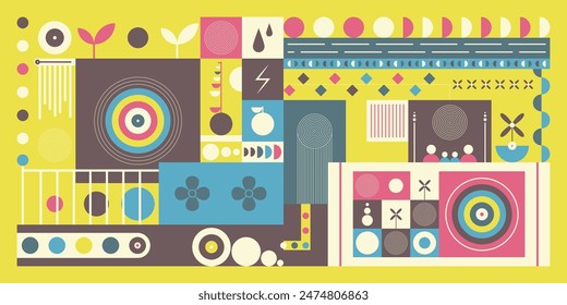 Geometrical abstract shapes for decoration create a seamless pattern. Home objects create a geometric illustration. Colorful vector design. Modern background.