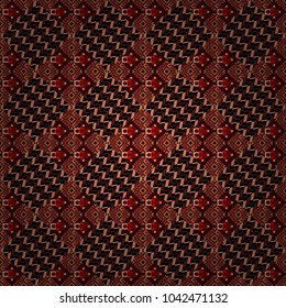 Geometrical abstract tiles mosaic seamless pattern background - vector graphic with abstract shapes in black, red and brown tones.