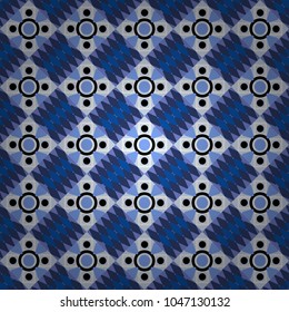 Geometrical abstract tiles mosaic seamless pattern background - vector graphic with abstract shapes in gray, blue and violet tones.