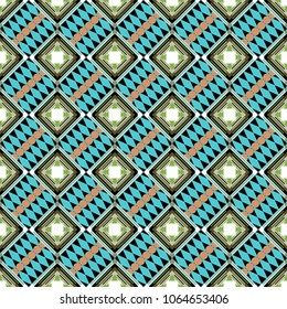 Geometrical abstract tiles mosaic seamless pattern background - vector graphic with abstract shapes in black, green and blue tones.