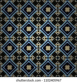 Geometrical abstract tiles mosaic seamless pattern background - vector graphic with abstract shapes in gray, black and blue tones.