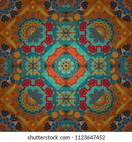 Geometrical abstract tiles mosaic seamless pattern background - vector graphic with abstract shapes in orange, green and blue tones.