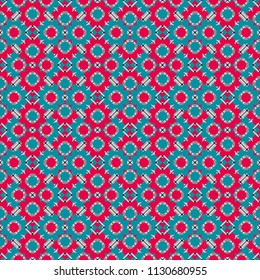 Geometrical abstract tiles mosaic seamless pattern background - vector graphic with abstract shapes in blue, pink and white tones.