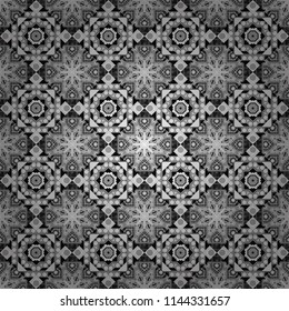 Geometrical abstract tiles mosaic seamless pattern background - vector graphic with abstract shapes in white, gray and black tones.