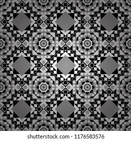 Geometrical abstract tiles mosaic seamless pattern background - vector graphic with abstract shapes in gray, black and white tones.