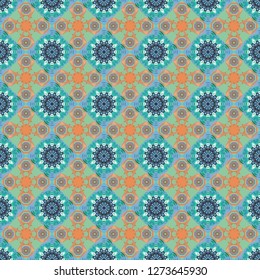 Geometrical abstract tiles mosaic seamless pattern background - vector graphic with abstract shapes in violet, blue and green tones.