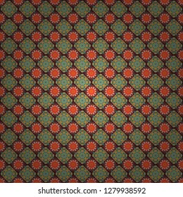 Geometrical abstract tiles mosaic seamless pattern background - vector graphic with abstract shapes in orange, brown and green tones.