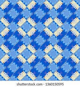 Geometrical abstract tiles mosaic seamless pattern background - vector graphic with abstract shapes in yellow, beige and blue tones.