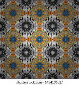 Geometrical abstract tiles mosaic seamless pattern background - vector graphic with abstract shapes in blue, gray and orange tones.