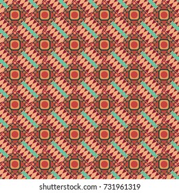 Geometrical abstract tiles mosaic seamless pattern background - vector graphic with abstract shapes in green, pink and beige tones.