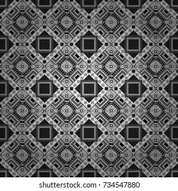 Geometrical abstract tiles mosaic seamless pattern background - vector graphic with abstract shapes in gray, black and white tones.