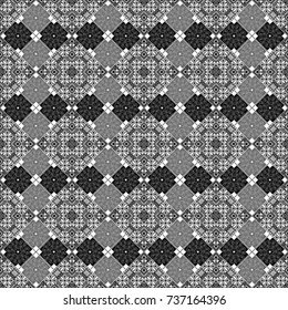 Geometrical abstract tiles mosaic seamless pattern background - vector graphic with abstract shapes in white, gray and black tones.