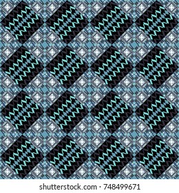 Geometrical abstract tiles mosaic seamless pattern background - vector graphic with abstract shapes in black, gray and blue tones.