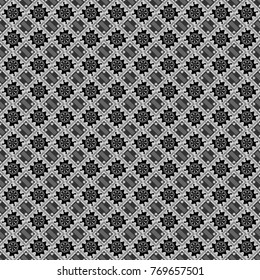 Geometrical abstract tiles mosaic seamless pattern background - vector graphic with abstract shapes in gray, black and white tones.