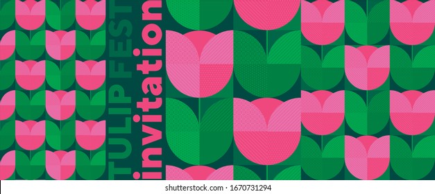 Patrón geométrico abstracto tulipán para tarjeta, encabezado, invitación, afiche, medios sociales, publicación. Vector de geometría decorativa floral de resorte rosa y verde clásico.
