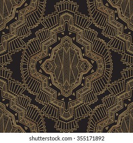 Geometrical abstract vector seamless art deco pattern from gold and black hand drawn rhombus, Eskimo ethnic ornaments, lacy zig-zag stripes. Textile fantasy print. Wrapping paper. Batik painting