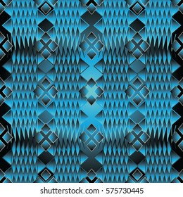 Geometrical abstract vector seamless pattern. Geometric black background with 3d blue  triangles, rhombus, zigzag, vintage ornament. Luxury ornate art line texture for wallpapers, textile, fabrics.