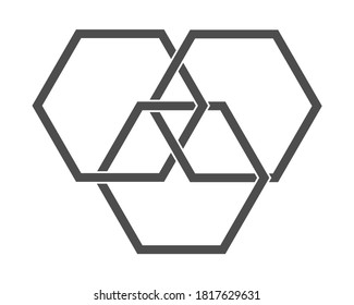 Abstracción geométrica. La intersección de las formas geométricas tres del hexágono. Ilustración vectorial simple, estilo plano aislado en fondo blanco.