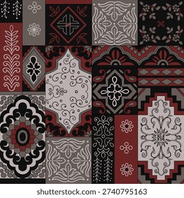 Geometrical Ajrakh Patchwork Seamless Pattern on Black Background – Traditional Indian Textile Design