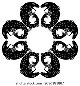 Geometrical animal cross design with stylized fish. Round frame. Black and white negative silhouette.