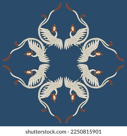 Geometrical animal design with flying birds. Traditional ethnic Chinese style. White cranes or phoenixes on blue background.