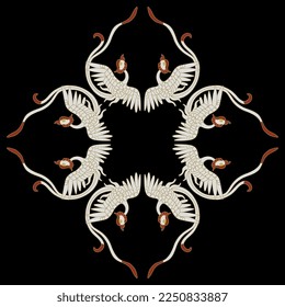 Geometrical animal design with flying birds. Traditional ethnic Chinese style. White cranes or phoenixes on black background.