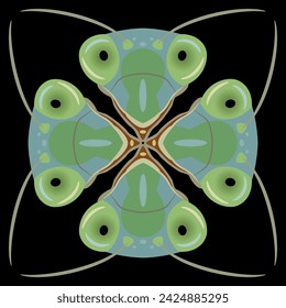 Geometrical animal design with four heads of praying mantis insect. Tenodera sinensis. On black background.