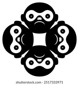 Projeto geométrico de animais com quatro faces de macaco. Motivo étnico dos índios Moche do antigo Peru. Silhueta em preto e branco. 