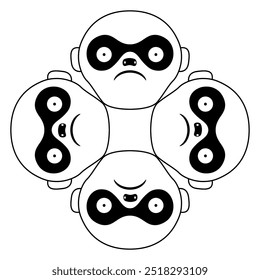 Projeto geométrico de animais com quatro faces de macaco. Motivo étnico dos índios Moche do antigo Peru. Silhueta em preto e branco. 