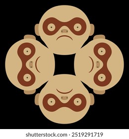 Projeto geométrico de animais com quatro faces de macaco. Motivo étnico dos índios Moche do antigo Peru. 