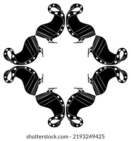 Geometrical animal design or frame with stylized duck birds. Ancient Greek ethnic style. Black and white silhouette.