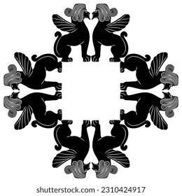 Geometrical animal frame with bearded winged male sphynxes. Ethnic mythological motif from ancient Syria. Black and white silhouette.