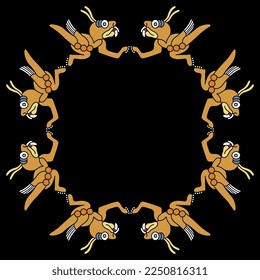 Geometrical animal frame with fantastic monster locusts. Native American art of Aztec Indians from Mexican codex. On black background.