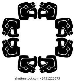 Geometrical animal frame with feline heads. Jaguar or snake with fangs or tongue. Native American art of Guatemala Maya Indians. Black and white silhouette.