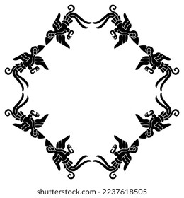 Geometrical animal frame with flying tropical birds. Native American art from Mexican codex. Black and white silhouette.