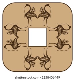 Geometrical animal frame with funny birds holding wriggling worms in their beaks. Archaic ancient Greek vase painting folk style. Monochrome brown silhouettes.