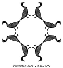 Geometrical animal frame with goose or duck birds. Ancient Egyptian style. Black and white silhouette.