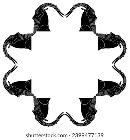 Geometrical animal frame with horned goat heads in profile. Ancient Greek vase painting style. Black and white silhouette.
