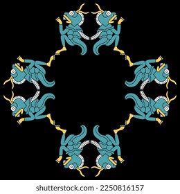 
Geometrical animal frame with monster locusts. Native American art of Aztec Indians from Mexican codex. On black background.