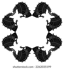 Geometrical animal frame with perched eagle birds. Native American art of Toltec Indians. Black and white silhouette.