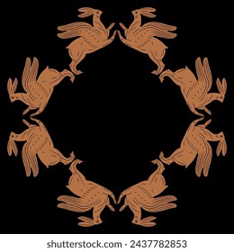 Geometrical animal frame with running winged hares or rabbits. Easter design. Ancient Greek or Roman ethnic motif. Vase painting style.