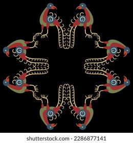 Geometrical animal frame with stylized birds. Folk style. On black background.