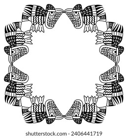 Geometrical animal frame with stylized birds. Native American motif of Nazca Indians from ancient Peru. Black and white silhouette.