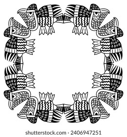 Geometrical animal frame with stylized birds. Native American motif of Nazca Indians from ancient Peru. Black and white silhouette.