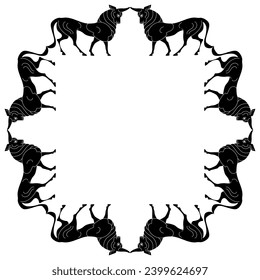 Geometrical animal frame with stylized bulls. Ancient Greek vase painting style. Black and white silhouette.